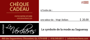 Chèque Cadeau Le Verchères 20 Dollars